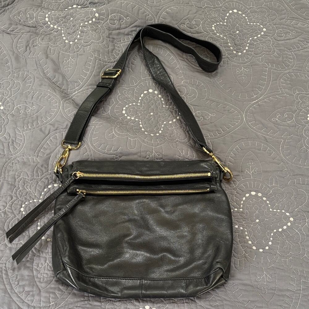 margot Black Leather Crossbody with Gold Zippers